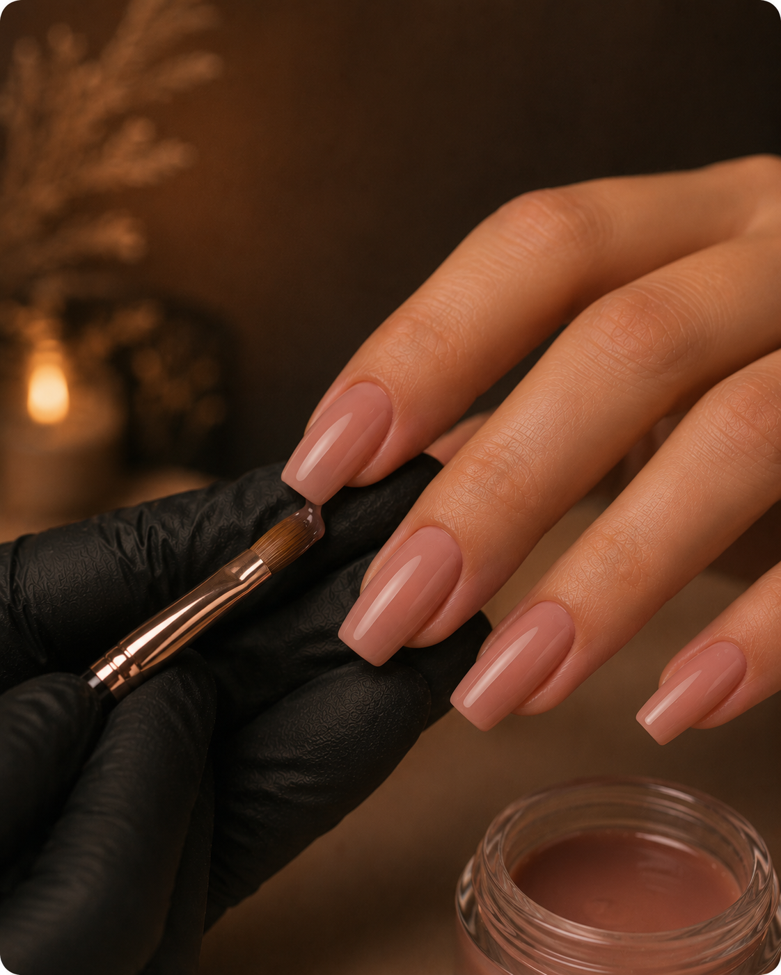 Profissional aplicando gel em uma unha alongada